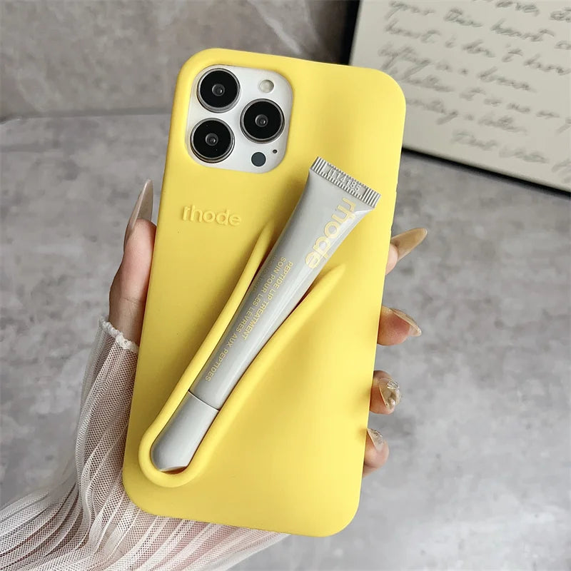 For Iphone 16 12 13 14 15 11 Pro Max plus 17 Fashion  Phone Case Gray Toast Espresso Ribbon Lip Gloss Holder Silicone Cover