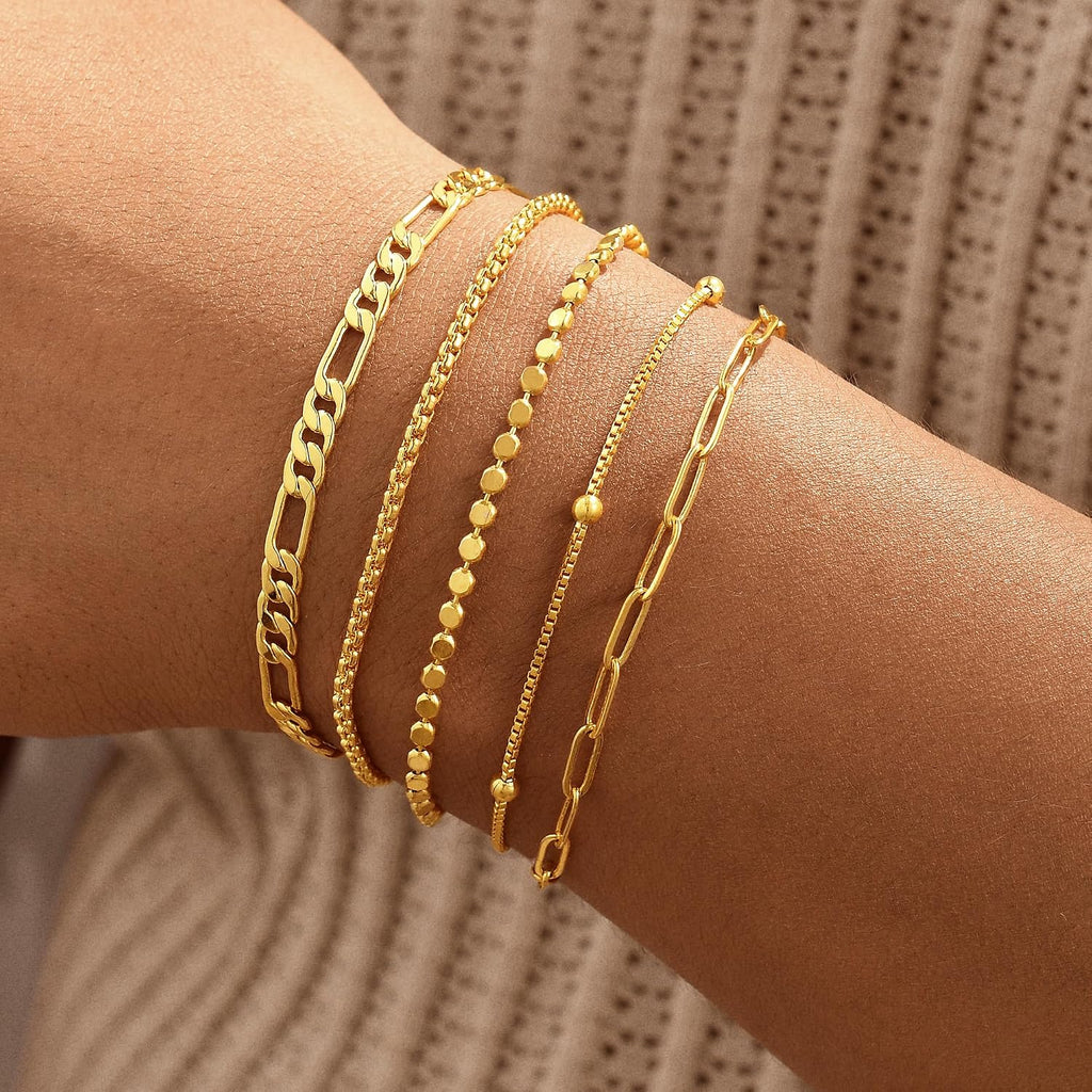 Gold Bracelets for Women, 14K Gold Plated Stackable Bracelet Stack Set Adjustable Charm Paperclip Chain Snake Link Layered Waterproof Jewelry Sets Gifts