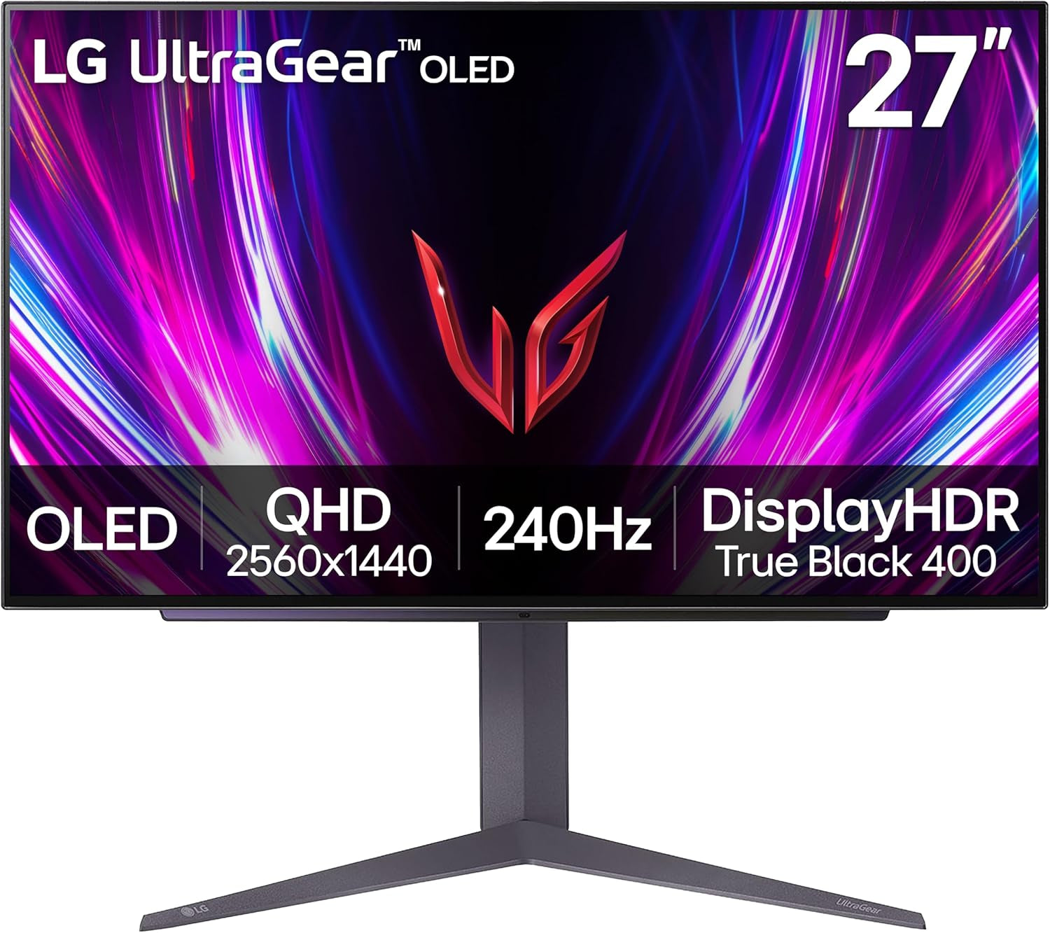 LG ‎27GS93QE 27-Inch Ultragear OLED Gaming Monitor QHD 1440P 240Hz 0.03Ms Displayhdr True Black 400 AMD Freesync Premium Pro NVIDIA G-Sync HDMI 2.1 Displayport Tilt/Height/Pivot Stand Black