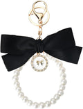 Pearl Bow Keychain Wistlet for Girls Women Bow Pearl Keychains Pink Black Beige