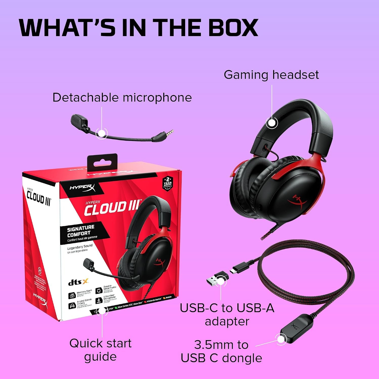 Hyperx Cloud III – Wired Gaming Headset,Pc,Ps5,Xbox Series X|S,Angled 53Mm Drivers,Dts Spatial Audio,Memory Foam,Durable Frame,Ultra-Clear 10Mm Mic,Usb-C,Usb-A,3.5Mm – Black/Red,(Pack of 10)