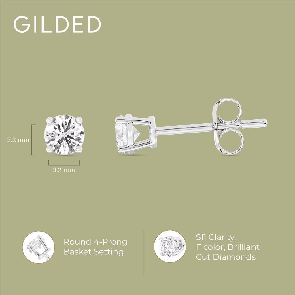 Gilded 1/4 CTW Lab-Grown Diamond Stud Earrings for Women & Men, round Cut 925 Sterling Silver, Hypoallergenic Jewelry - SI1 Clarity F Color