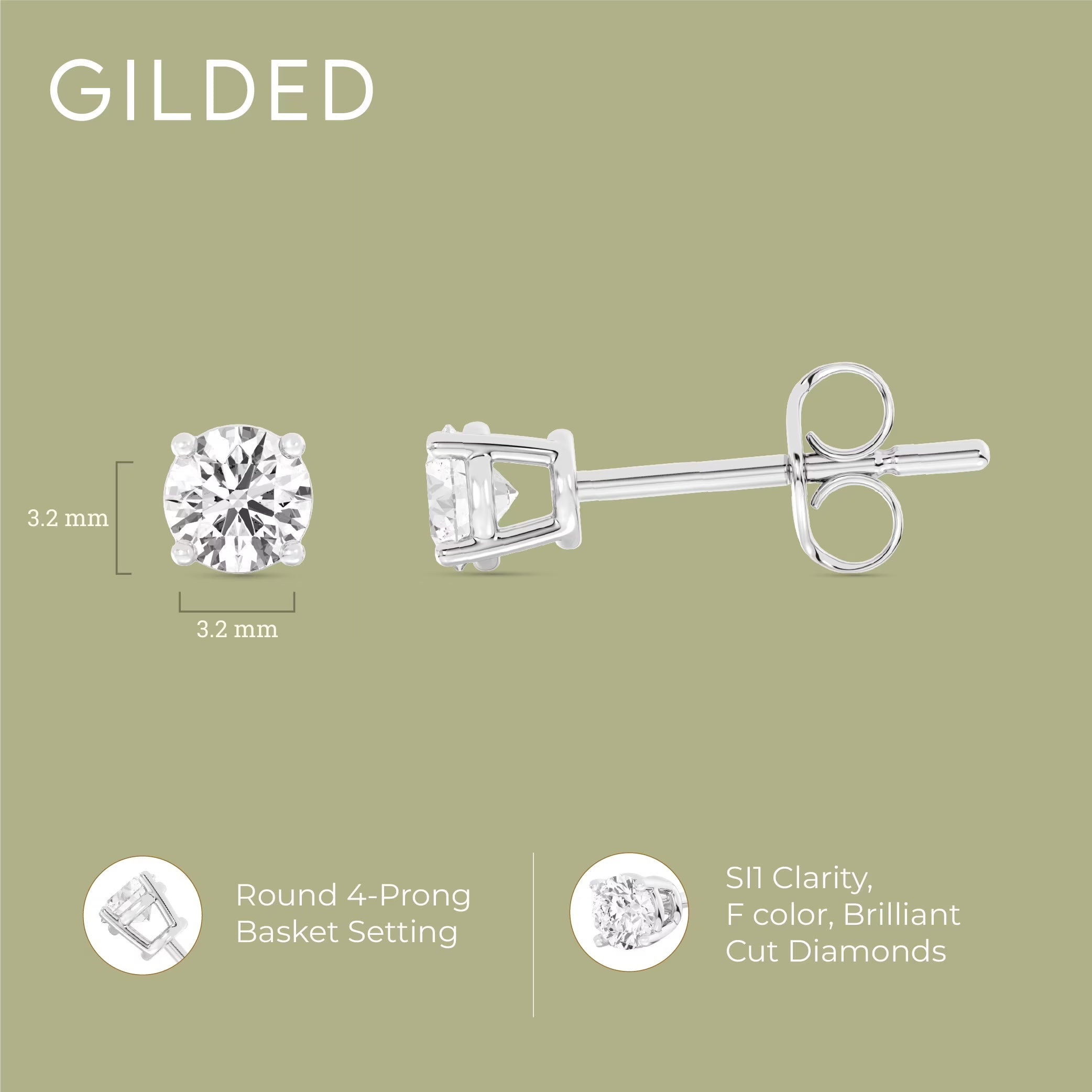Gilded 1/4 CTW Lab-Grown Diamond Stud Earrings for Women & Men, round Cut 925 Sterling Silver, Hypoallergenic Jewelry - SI1 Clarity F Color