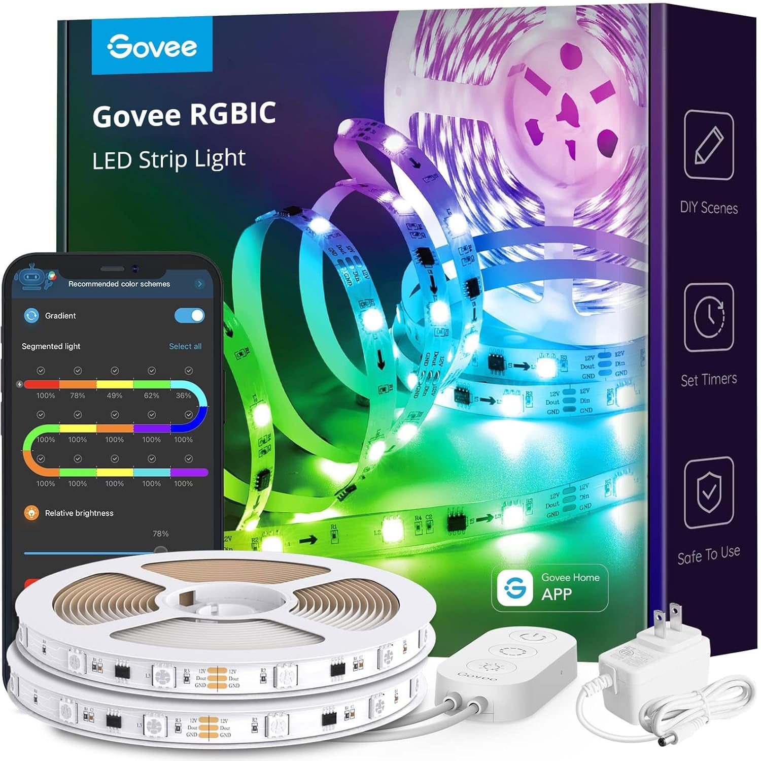Govee 32.8Ft LED Strip Lights RGBIC App Control, Smart LED Strips with Segmented Color Control Intelligent Color Picking, Music Sync LED Lights for Bedroom, Kitchen, Party, Home Decor (2X16.4Ft)