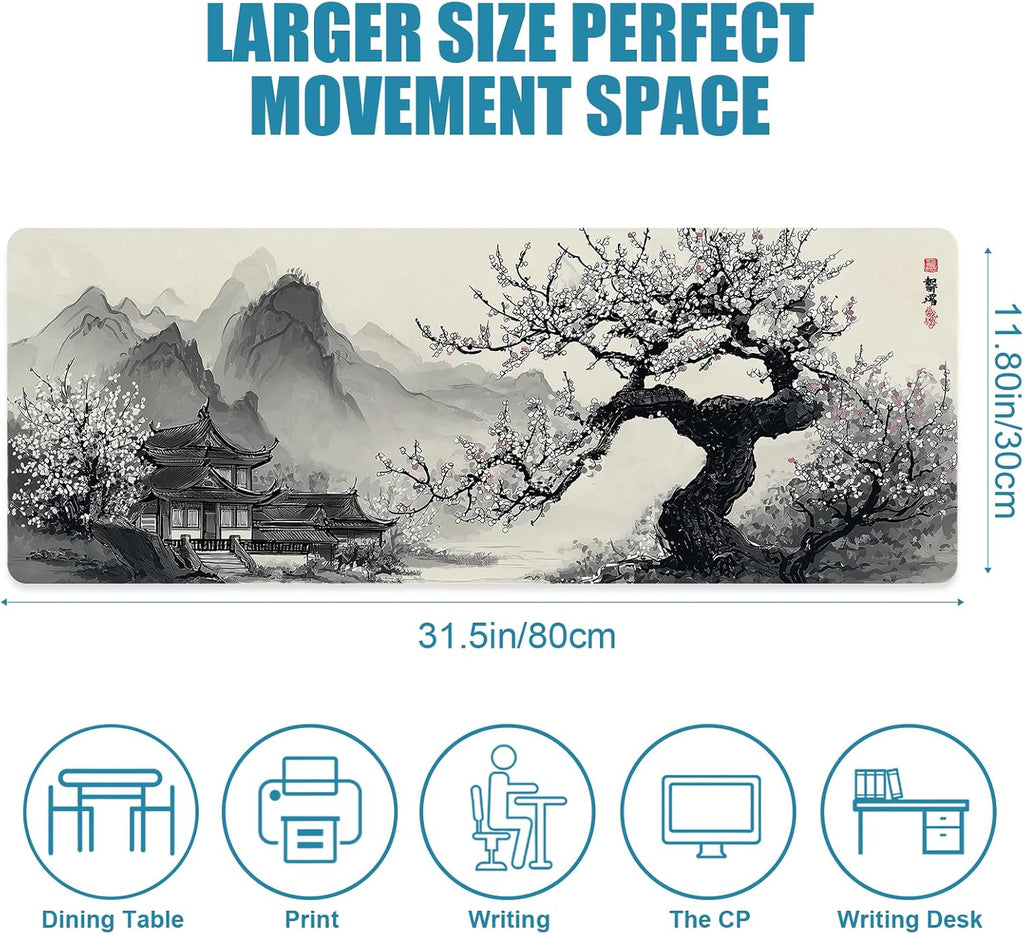 Large Mouse Pad for Desk, Gaming Mousepad XL Extended, Japanese Desk Mat Non-Slip Rubber Base, Big Computer Keyboard Mat Protector for Home&Office, 31.5X11.8In, Cherry Blossom