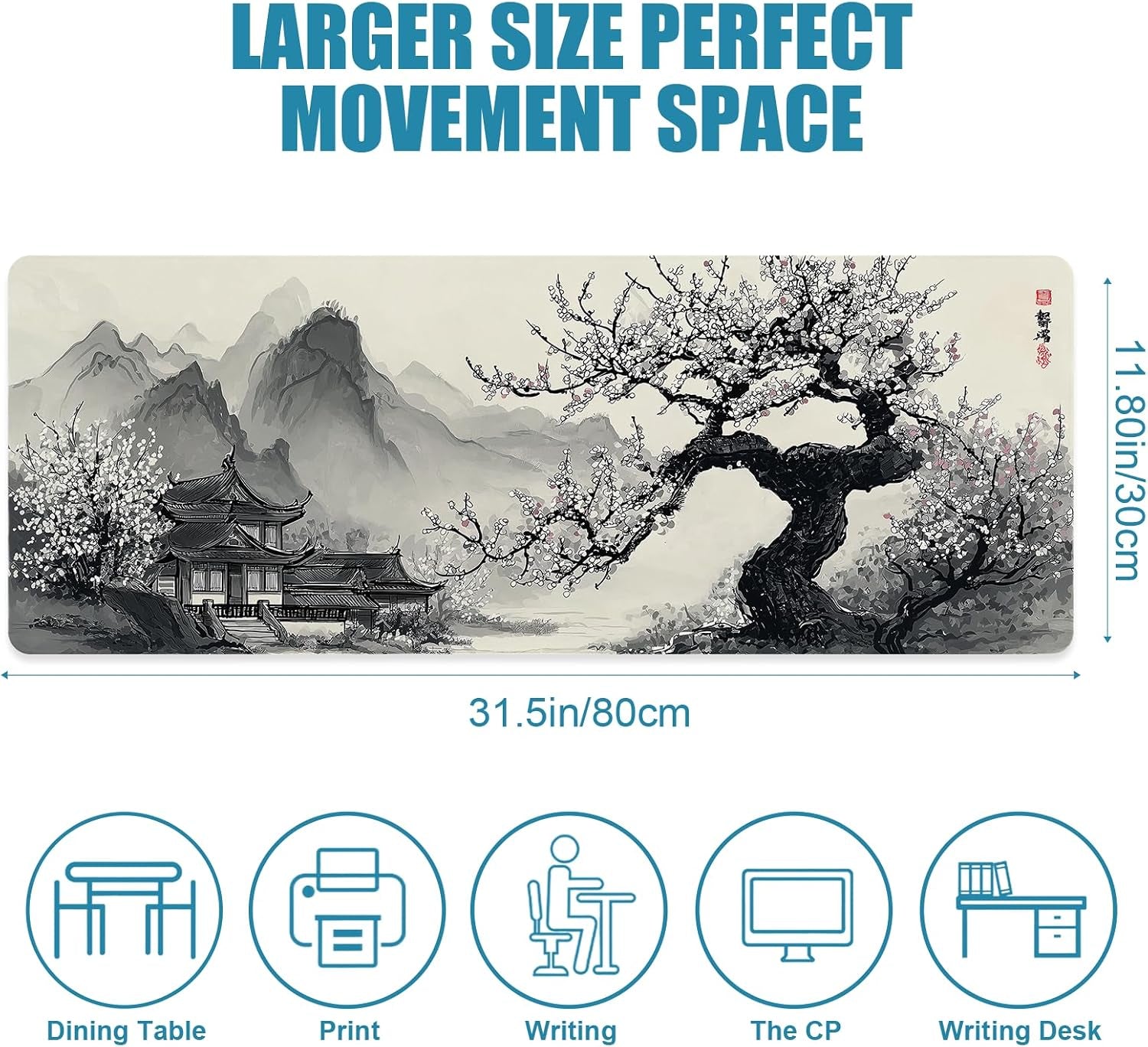 Large Mouse Pad for Desk, Gaming Mousepad XL Extended, Japanese Desk Mat Non-Slip Rubber Base, Big Computer Keyboard Mat Protector for Home&Office, 31.5X11.8In, Cherry Blossom