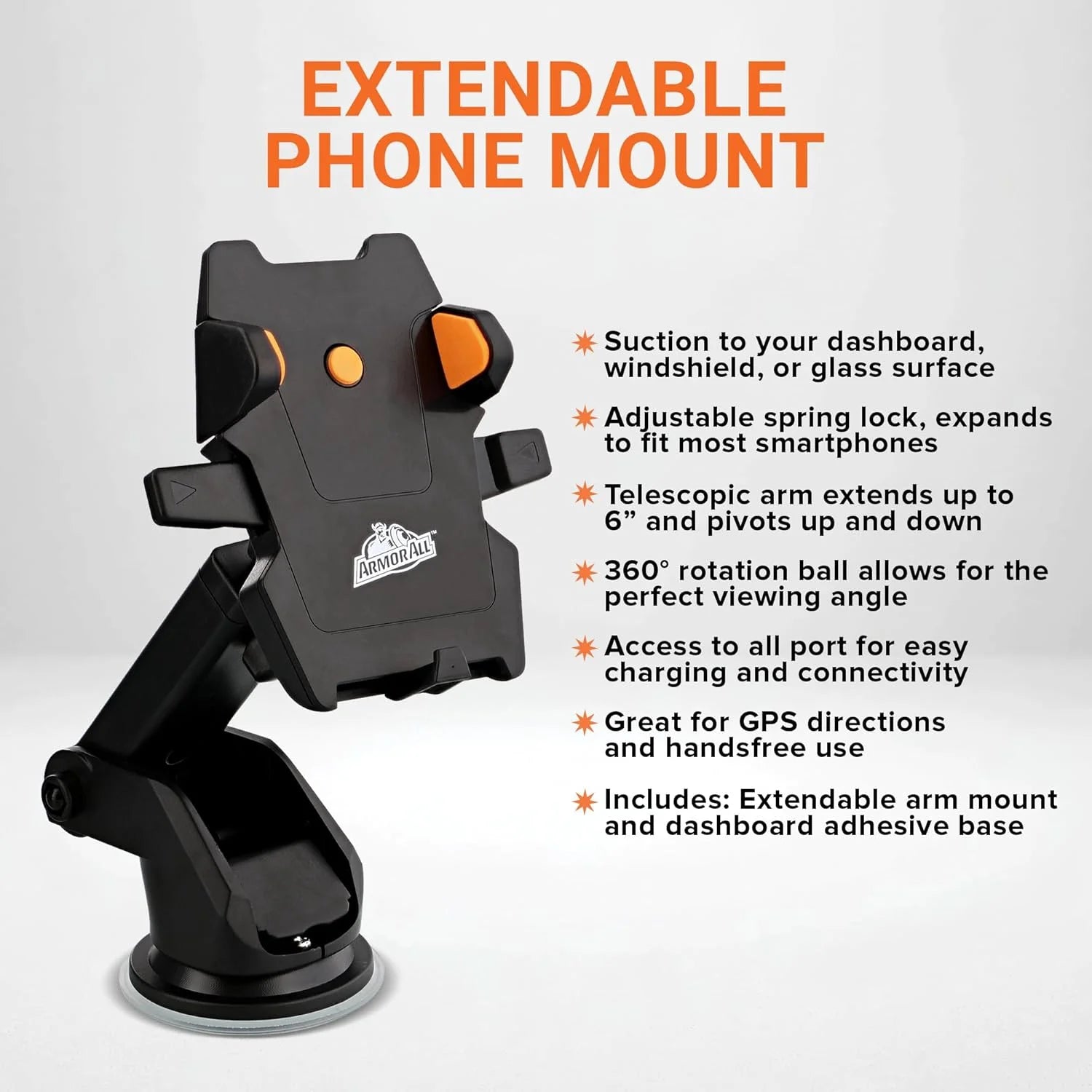 Car Phone Mount, Dashboard and Windshield Suction Phone Holder with 6-Inch Extendable Arm