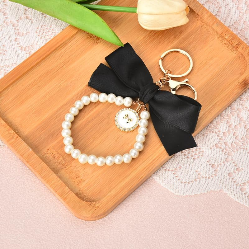 Pearl Bow Keychain Wistlet for Girls Women Bow Pearl Keychains Pink Black Beige