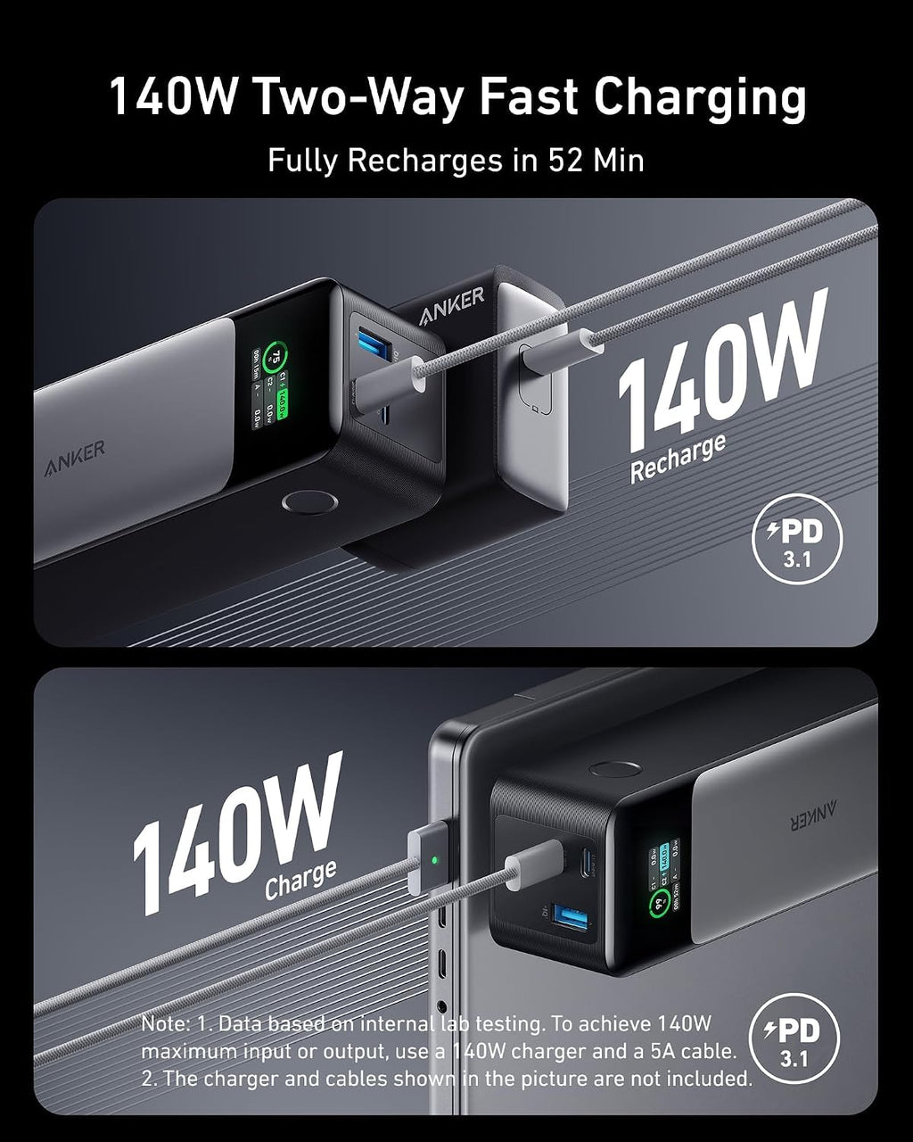 Anker 737 Power Bank, 140W 24,000Mah 3-Port Laptop Charger, Smart Display | Fast Multi-Device Charging, for Iphone 16 / 15 / 14 Series, Vision Pro, Samsung, Macbook, and More