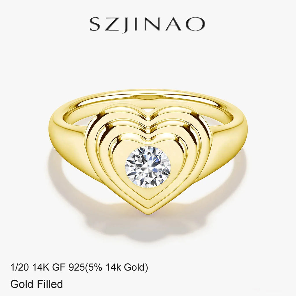 Moissanite Diamond Sweetheart Signet Ring 14K Gold Filled Heart-Shaped Romantic Love Symbol Ring for Women Valentine’S Day Gift