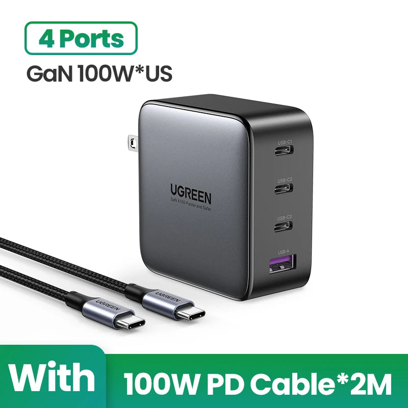【US Plug】 100W Gan Charger USB C Charger QC4.0 3.0 Quick Charge for Macbook Laptop Tablet PD Fast Charger for Iphone 15 14
