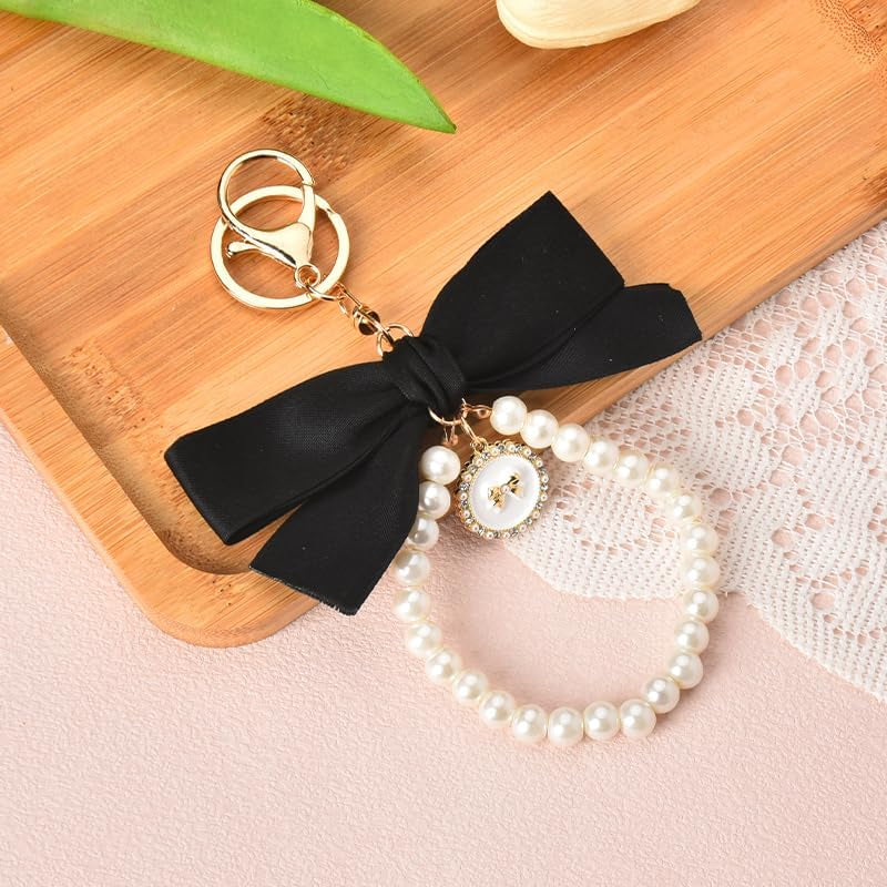 Pearl Bow Keychain Wistlet for Girls Women Bow Pearl Keychains Pink Black Beige