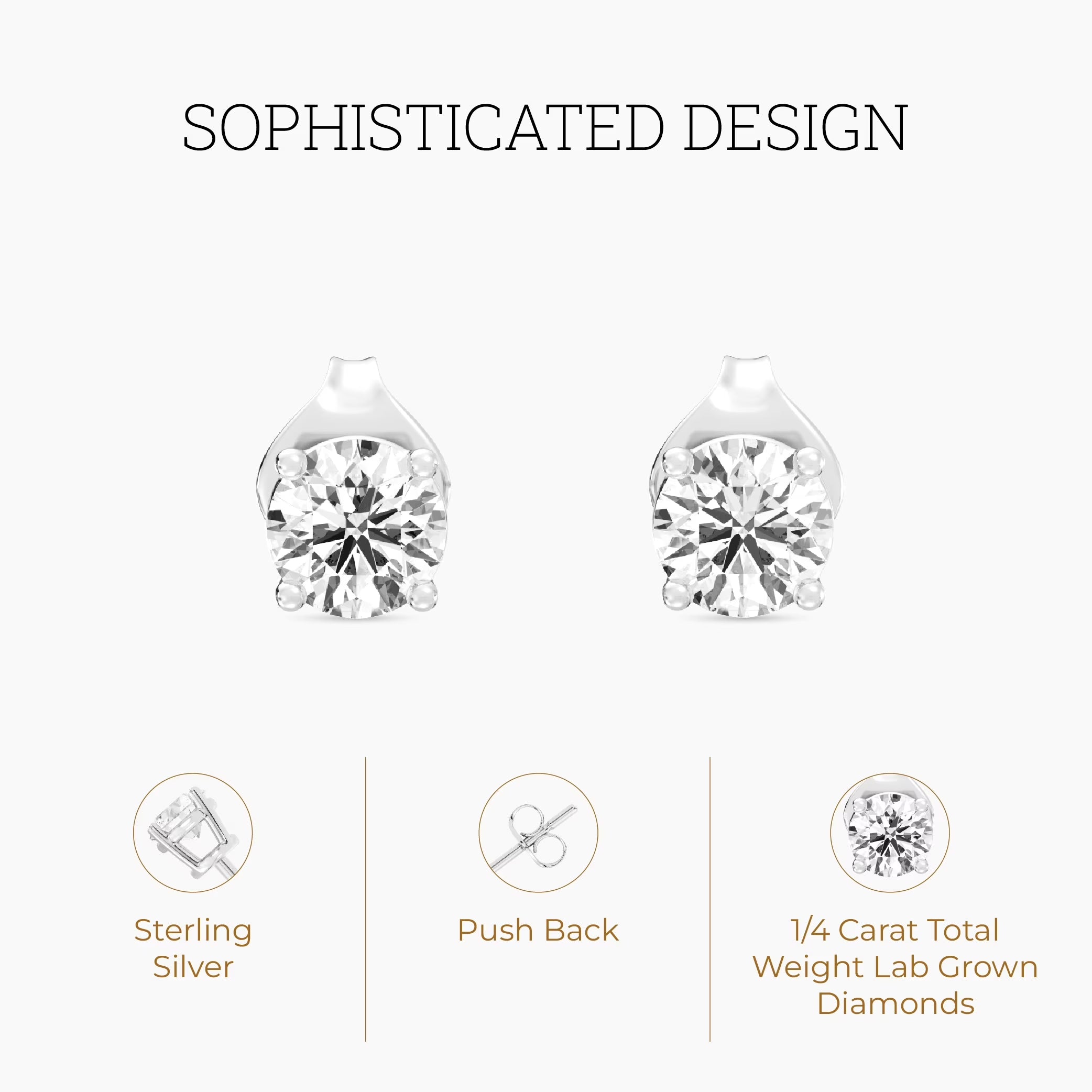 Gilded 1/4 CTW Lab-Grown Diamond Stud Earrings for Women & Men, round Cut 925 Sterling Silver, Hypoallergenic Jewelry - SI1 Clarity F Color