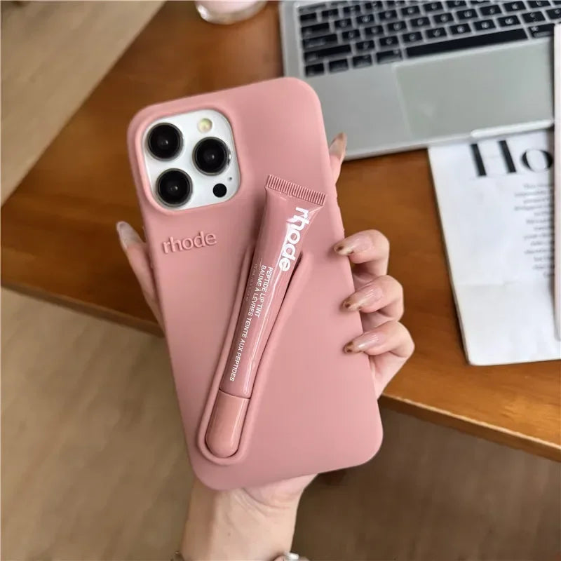 For Iphone 16 12 13 14 15 11 Pro Max plus 17 Fashion  Phone Case Gray Toast Espresso Ribbon Lip Gloss Holder Silicone Cover