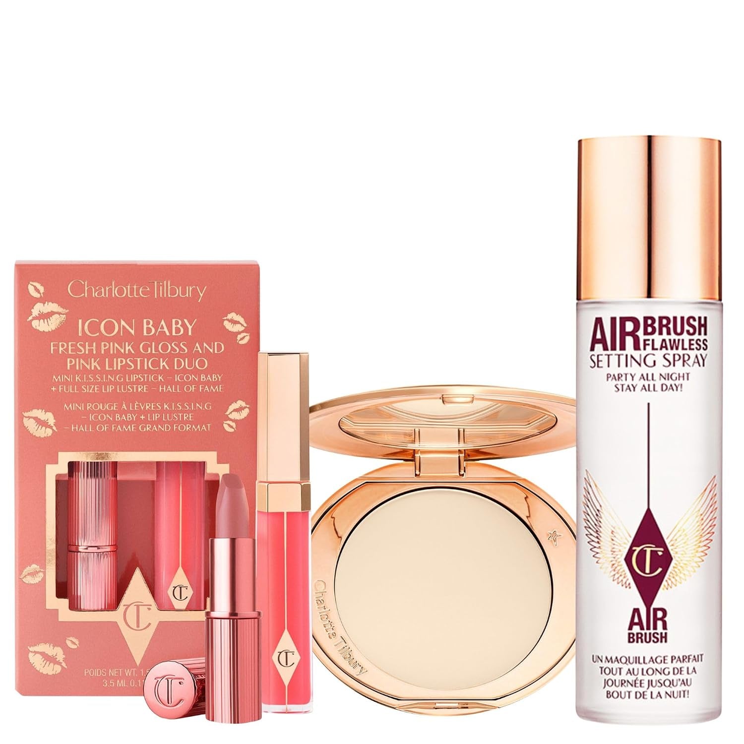 Charlotte Tilbury Holiday Kit - Airbrush Flawless Setting Spray + Airbrush Flawless Finish + Icon Baby Lip Duo - Hydrating Mist & Pressed Setting Powder Kit with Pink Lipstick Gloss Set