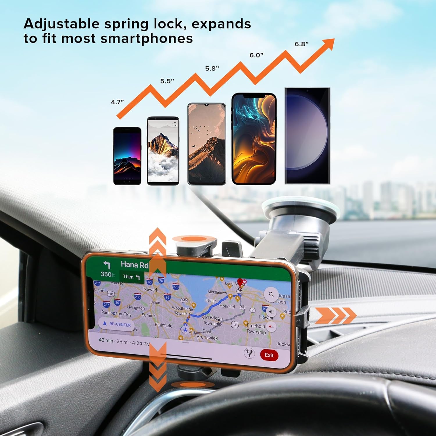 Car Phone Mount, Dashboard and Windshield Suction Phone Holder with 6-Inch Extendable Arm