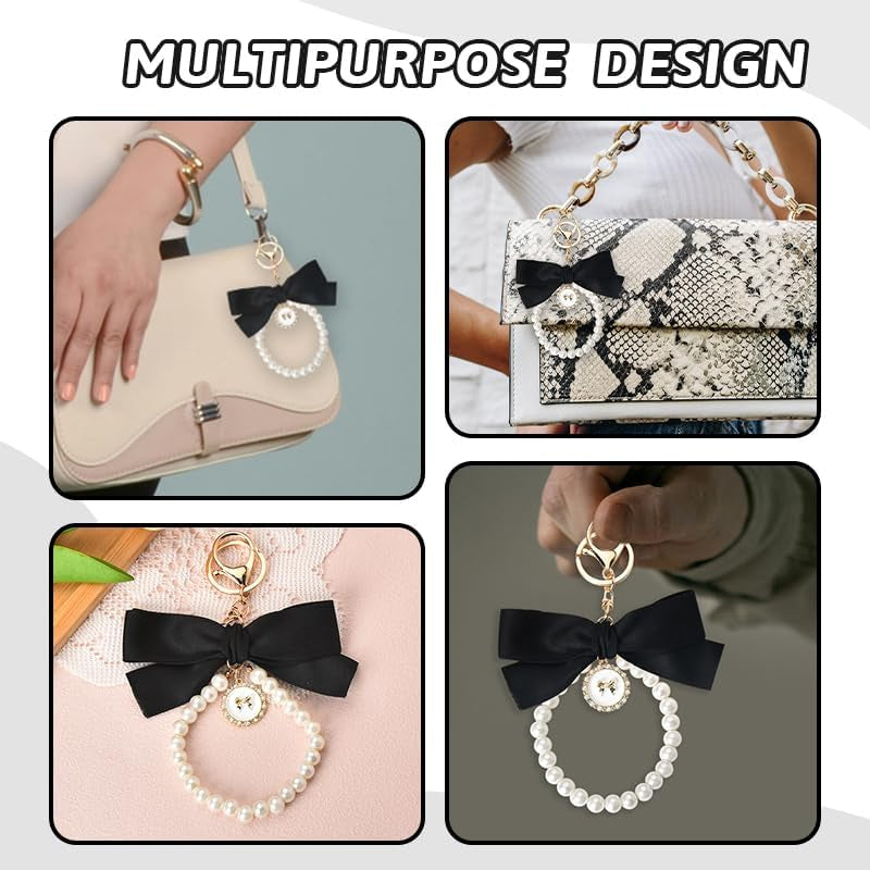 Pearl Bow Keychain Wistlet for Girls Women Bow Pearl Keychains Pink Black Beige