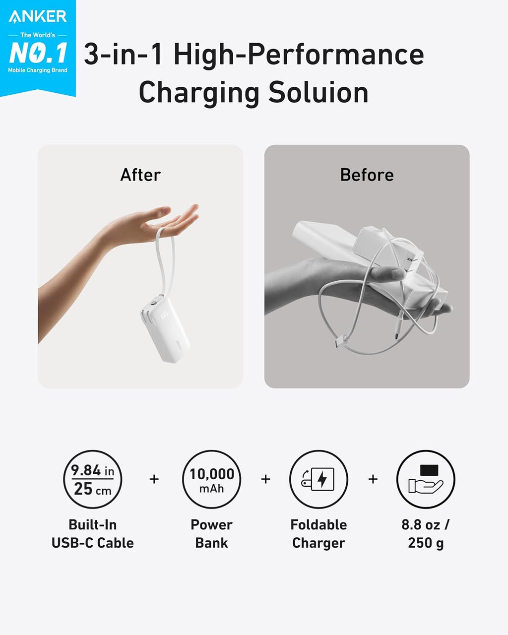 Anker Nano 3-In-1 Portable Iphone Charger, 10,000Mah Power Bank with Built-In USB-C Cable and Foldable Wall Plug, 30W Max Battery Pack, Travel Essentials for Iphone 17/16/15 Series (Blue)