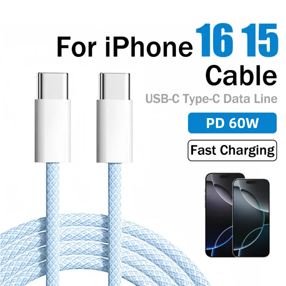 60W Nylon Braided USB C Cable for Iphone 16 15 Pro Max Xiaomi Huawei Samsung Oppo Fast Charging Cable Charger Wire Cord