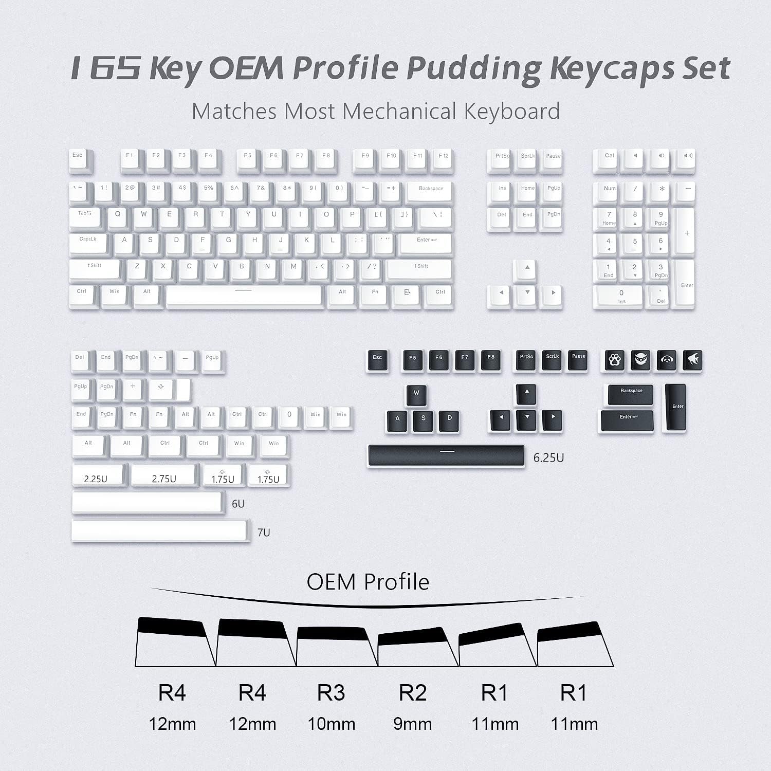 Womier Pudding Keycaps, PBT Shine through Keycaps White 164 Keys Set | Custom Key Caps Set OEM Profile, Mechanical Keyboard Keycap Universal Compatiability for 100%, 75%, 65%, 60% Keyboard-White